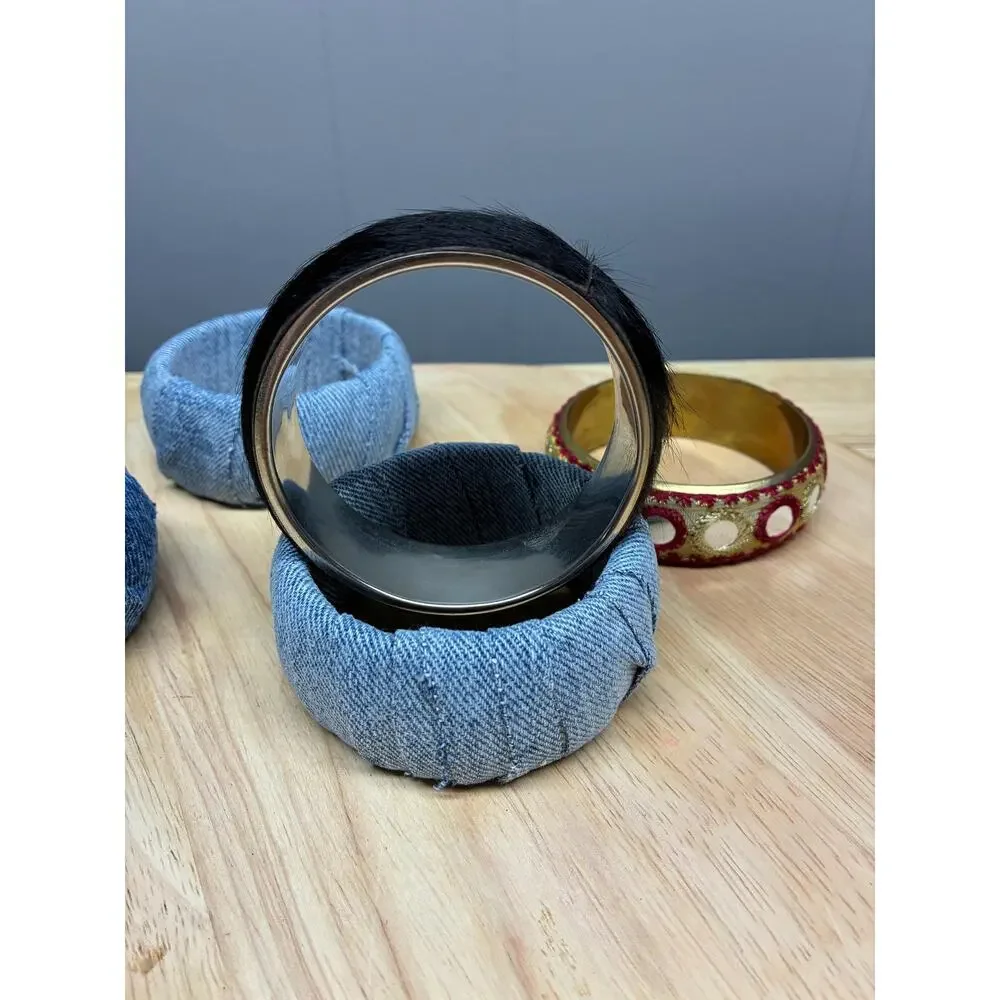 Upcycled Bangle Bracelet Set – Denim Wrapped, Embroidered, and Faux Fur